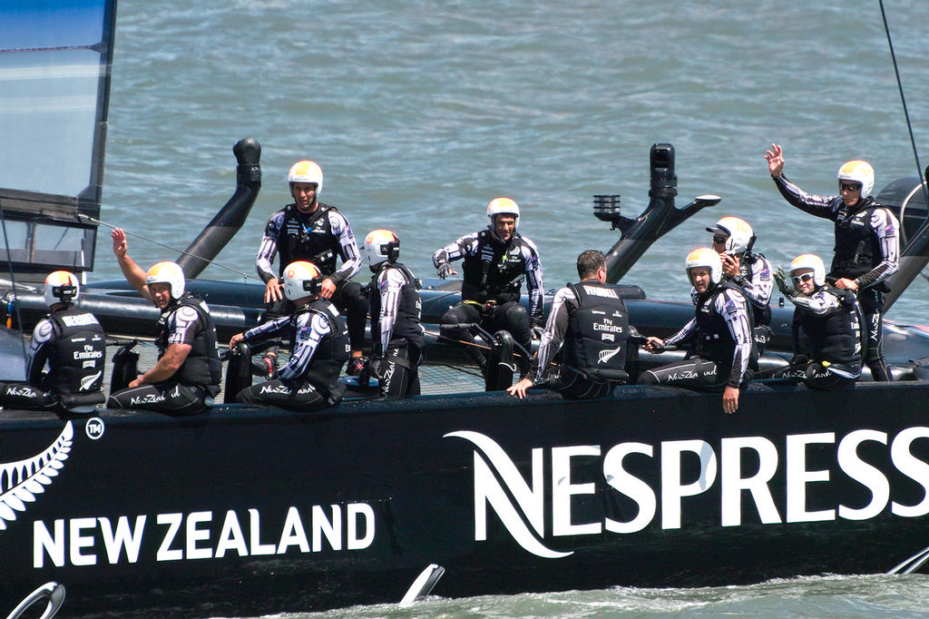 Emirates Team NZ enjoying the moment, and acknowledging their fans lining the shore.  - America's Cup © Chuck Lantz http://www.ChuckLantz.com